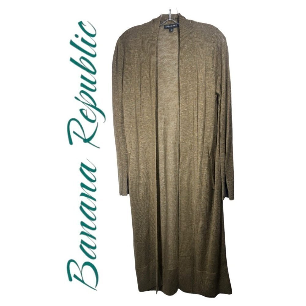 BANANA REPUBLIC Linen Cardigan Sweater Duster Olive‎ Green, Size XS